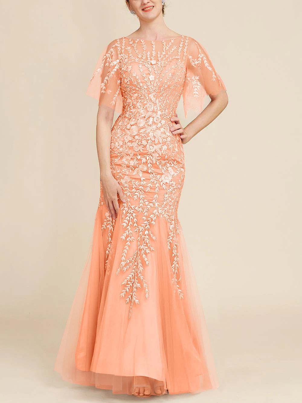 Trumpet/Mermaid Scoop Half Sleeves Floor-Length Mother of the Bride Dresses with Lace
