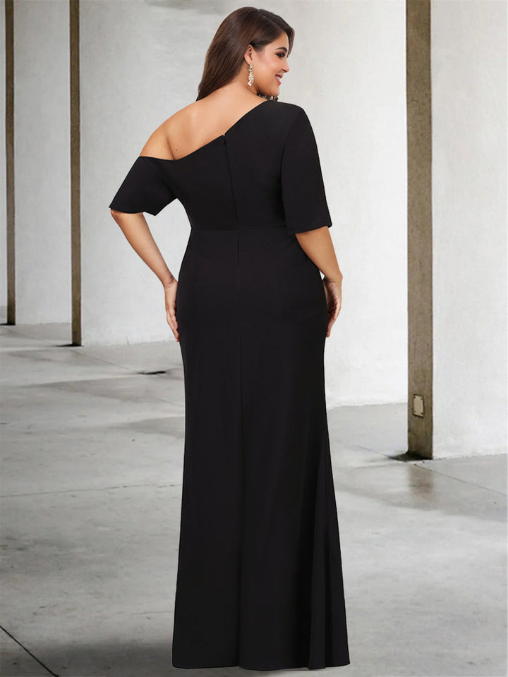A-Line/Princess One-Shoulder 3/4 Length Sleeves Pure Colour Plus Size Floor-Length Mother of the Bride Dresses