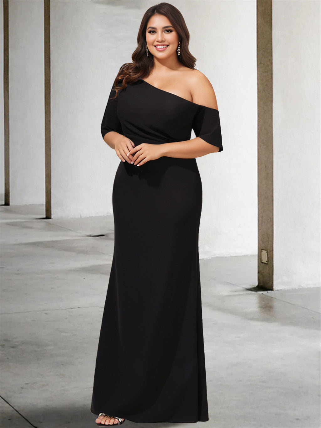 A-Line/Princess One-Shoulder 3/4 Length Sleeves Pure Colour Plus Size Floor-Length Mother of the Bride Dresses