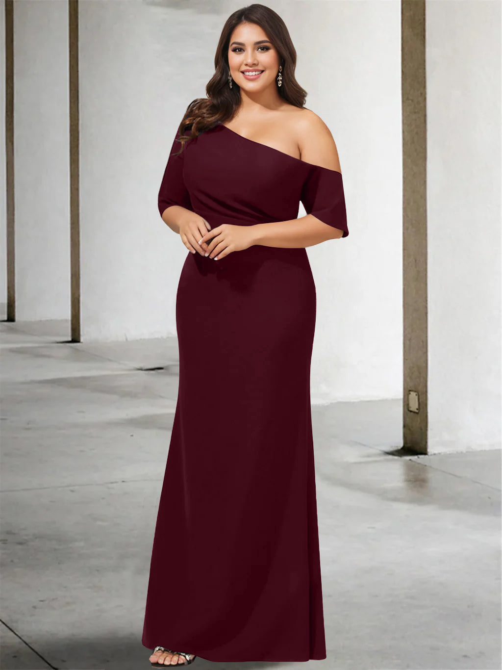 A-Line/Princess One-Shoulder 3/4 Length Sleeves Pure Colour Plus Size Floor-Length Mother of the Bride Dresses