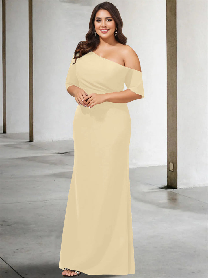 A-Line/Princess One-Shoulder 3/4 Length Sleeves Pure Colour Plus Size Floor-Length Mother of the Bride Dresses