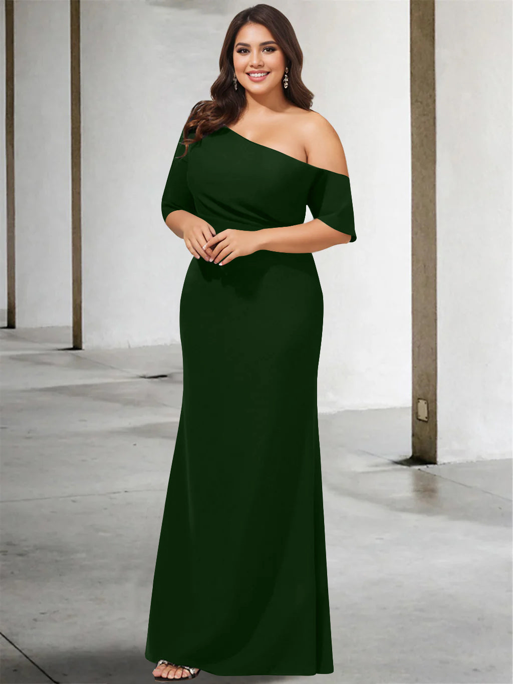 A-Line/Princess One-Shoulder 3/4 Length Sleeves Pure Colour Plus Size Floor-Length Mother of the Bride Dresses