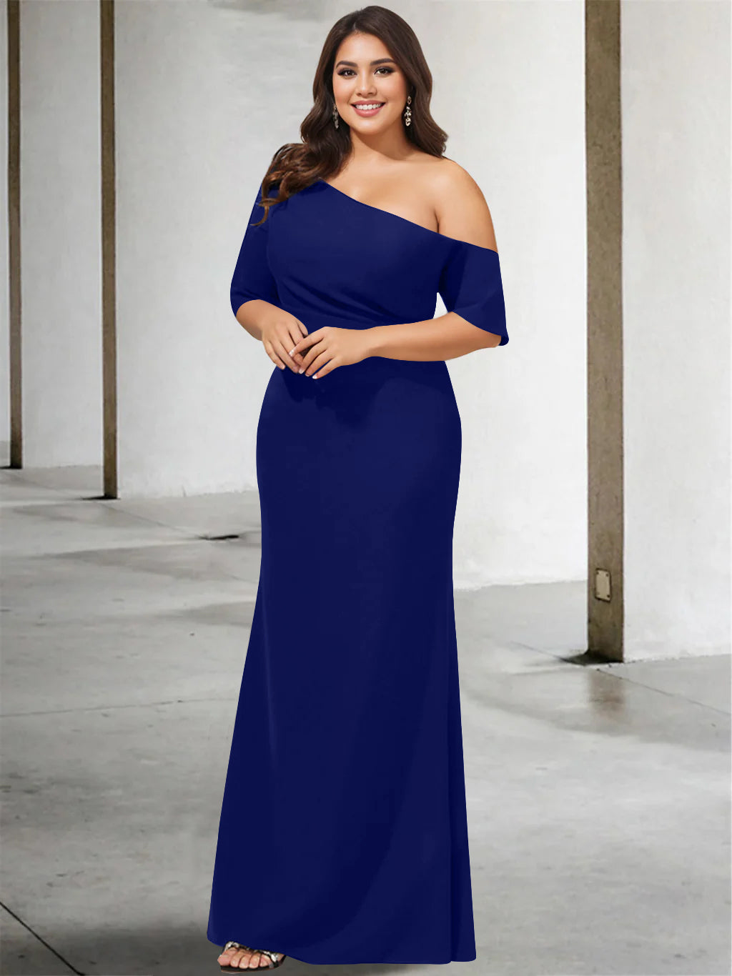 A-Line/Princess One-Shoulder 3/4 Length Sleeves Pure Colour Plus Size Floor-Length Mother of the Bride Dresses