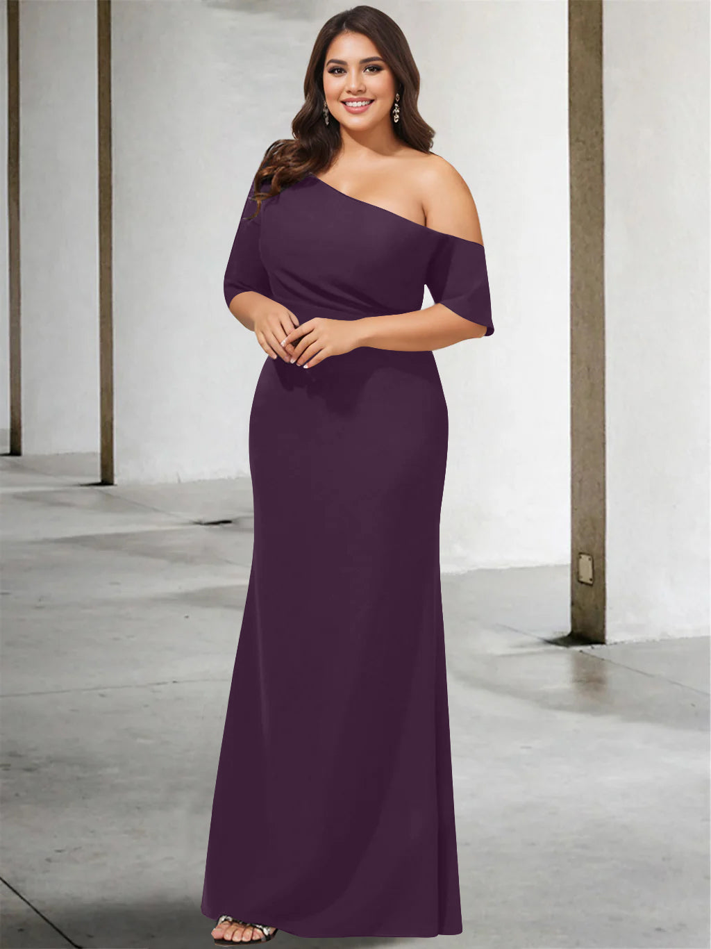 A-Line/Princess One-Shoulder 3/4 Length Sleeves Pure Colour Plus Size Floor-Length Mother of the Bride Dresses
