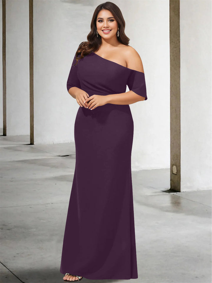 A-Line/Princess One-Shoulder 3/4 Length Sleeves Pure Colour Plus Size Floor-Length Mother of the Bride Dresses
