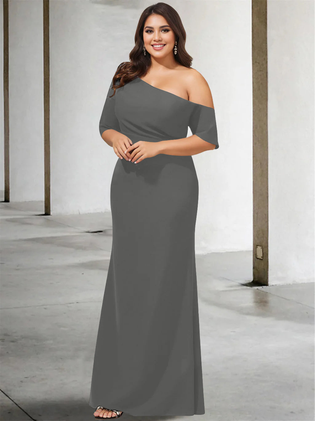 A-Line/Princess One-Shoulder 3/4 Length Sleeves Pure Colour Plus Size Floor-Length Mother of the Bride Dresses