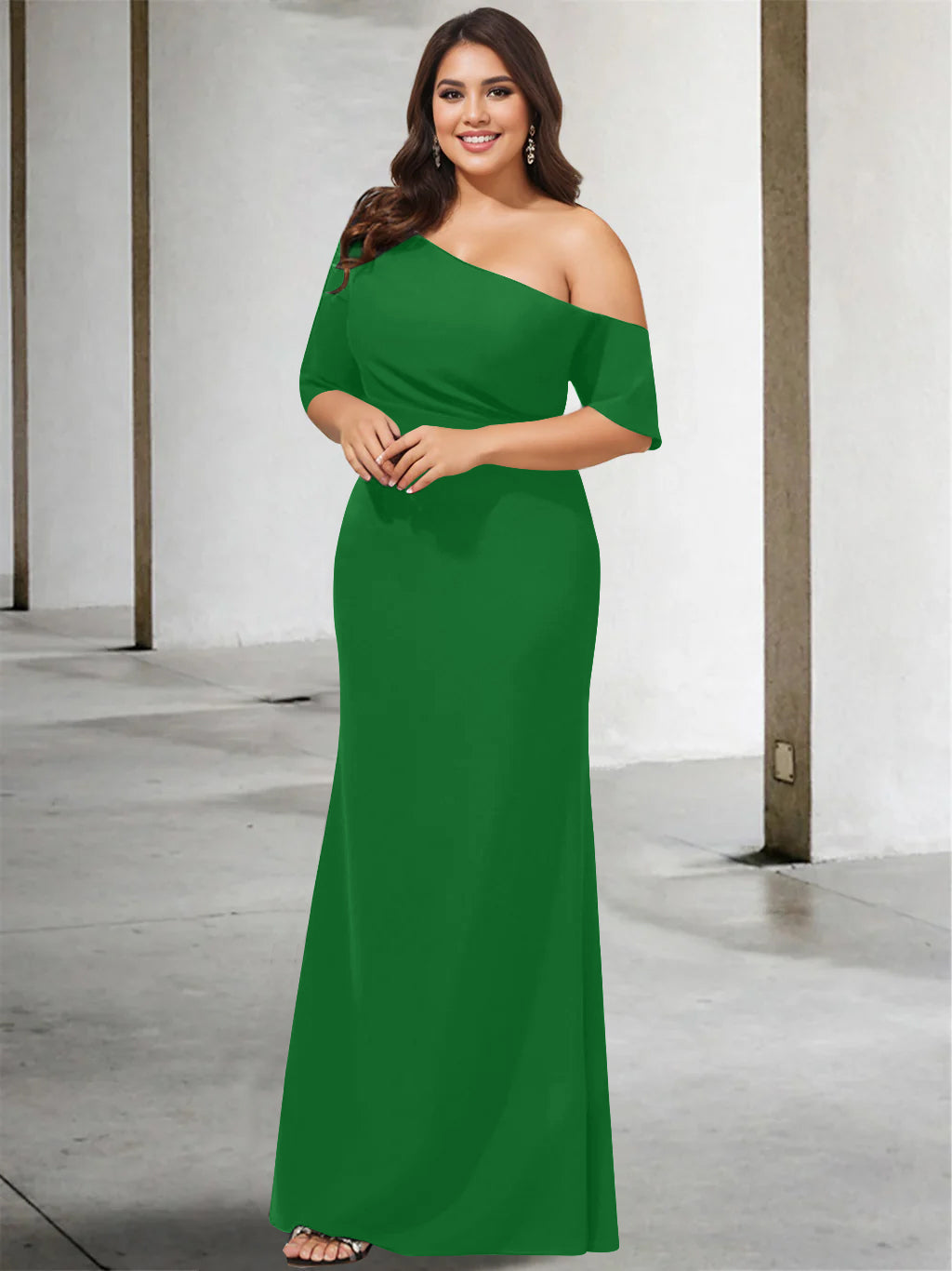 A-Line/Princess One-Shoulder 3/4 Length Sleeves Pure Colour Plus Size Floor-Length Mother of the Bride Dresses