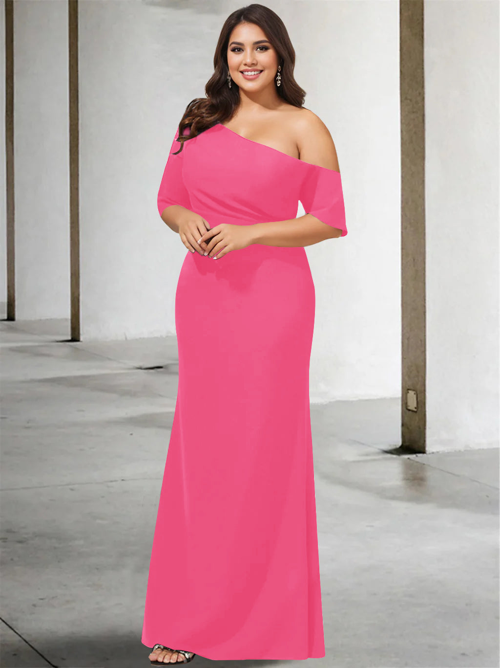 A-Line/Princess One-Shoulder 3/4 Length Sleeves Pure Colour Plus Size Floor-Length Mother of the Bride Dresses