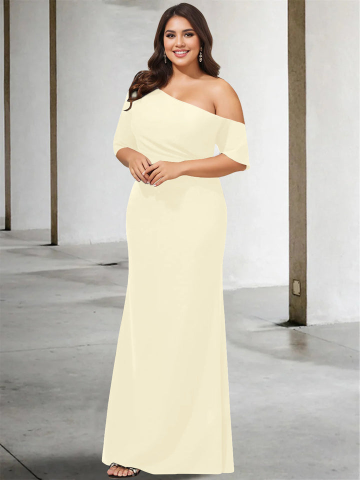 A-Line/Princess One-Shoulder 3/4 Length Sleeves Pure Colour Plus Size Floor-Length Mother of the Bride Dresses