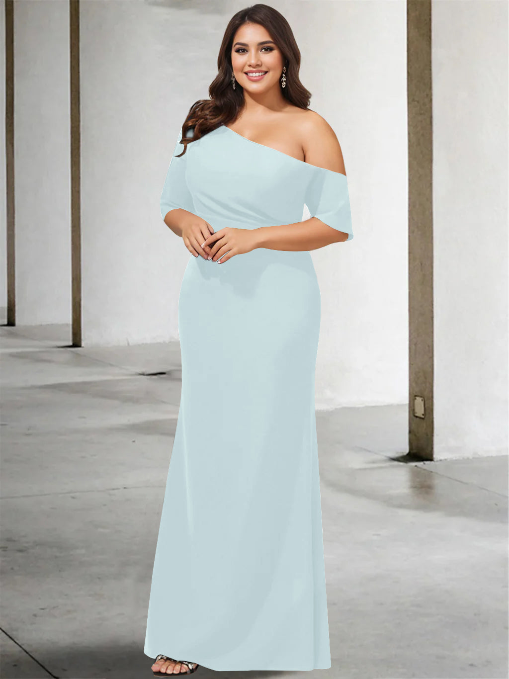 A-Line/Princess One-Shoulder 3/4 Length Sleeves Pure Colour Plus Size Floor-Length Mother of the Bride Dresses