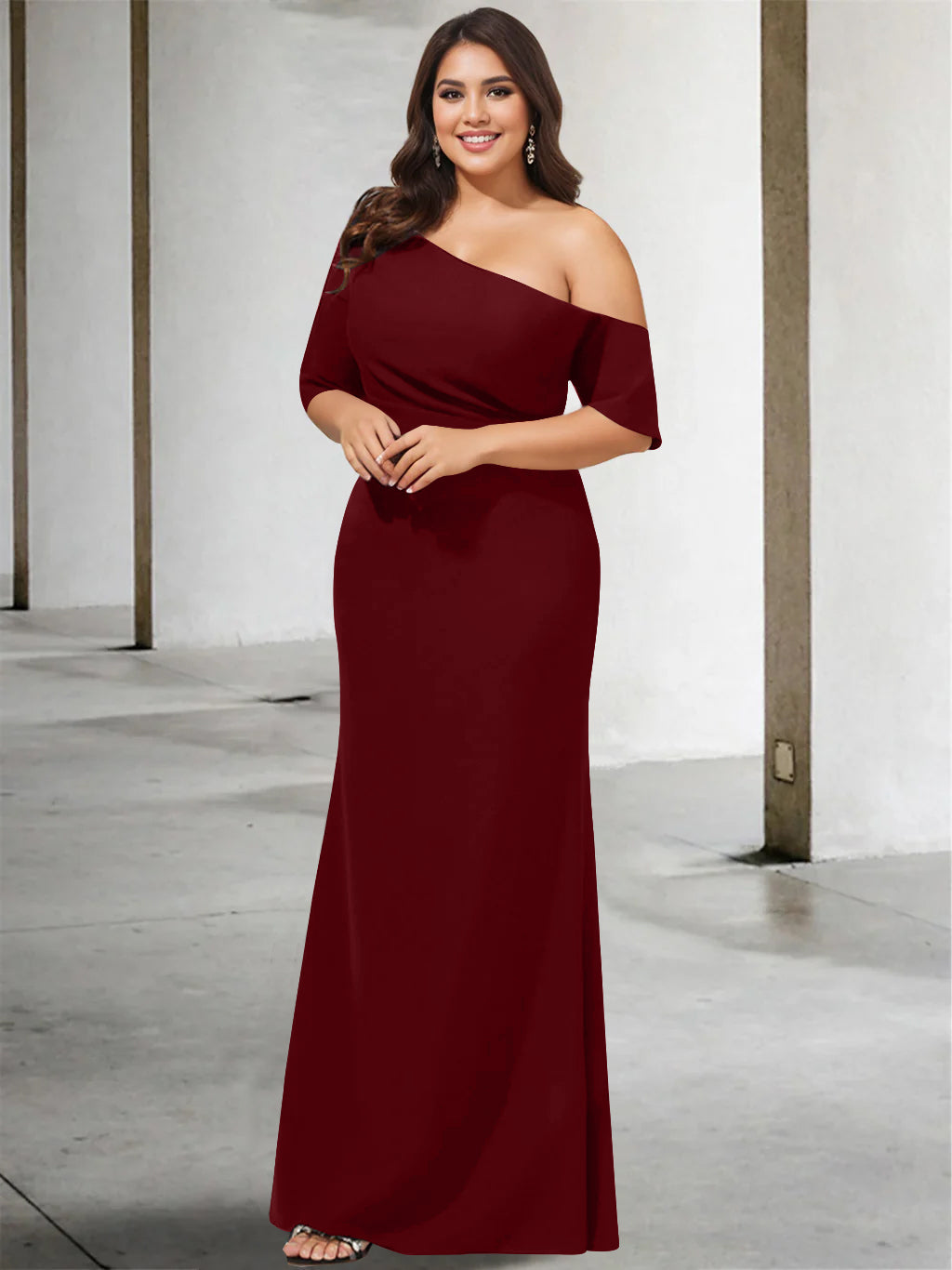 A-Line/Princess One-Shoulder 3/4 Length Sleeves Pure Colour Plus Size Floor-Length Mother of the Bride Dresses