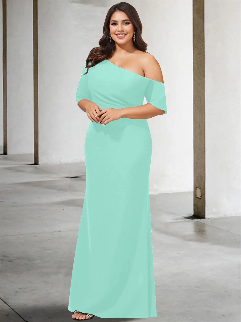 A-Line/Princess One-Shoulder 3/4 Length Sleeves Pure Colour Plus Size Floor-Length Mother of the Bride Dresses