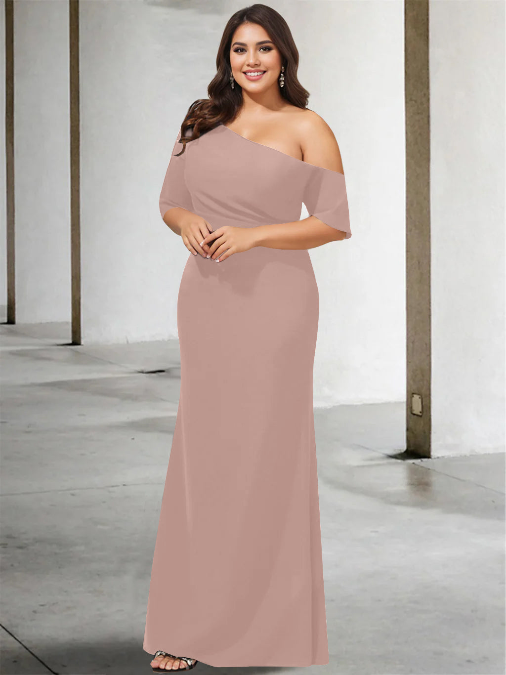 A-Line/Princess One-Shoulder 3/4 Length Sleeves Pure Colour Plus Size Floor-Length Mother of the Bride Dresses