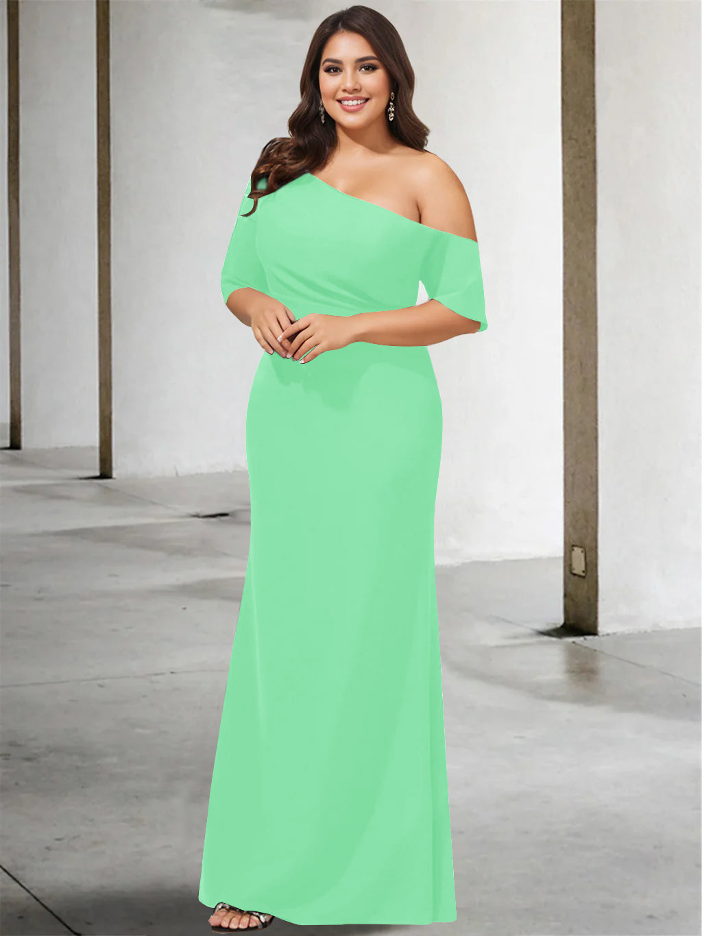 A-Line/Princess One-Shoulder 3/4 Length Sleeves Pure Colour Plus Size Floor-Length Mother of the Bride Dresses