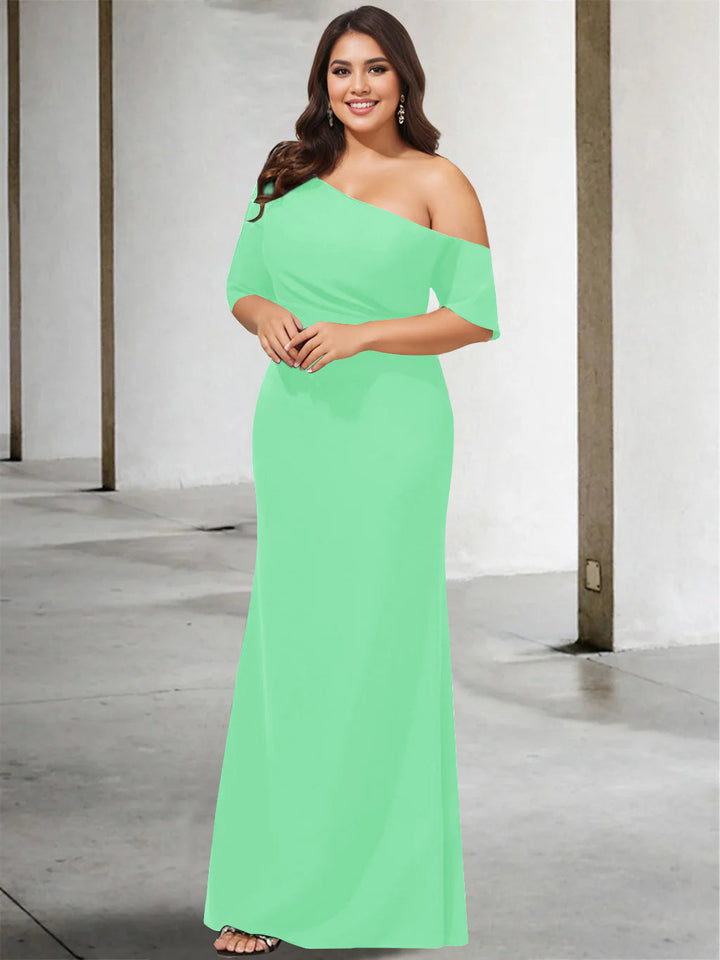 A-Line/Princess One-Shoulder 3/4 Length Sleeves Pure Colour Plus Size Floor-Length Mother of the Bride Dresses