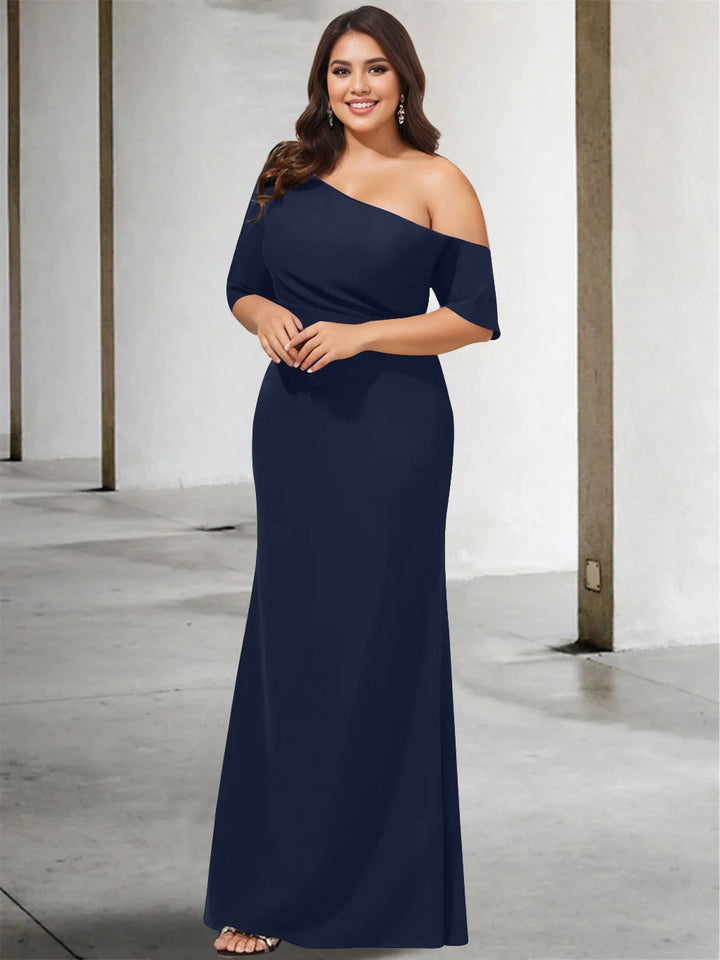 A-Line/Princess One-Shoulder 3/4 Length Sleeves Pure Colour Plus Size Floor-Length Mother of the Bride Dresses