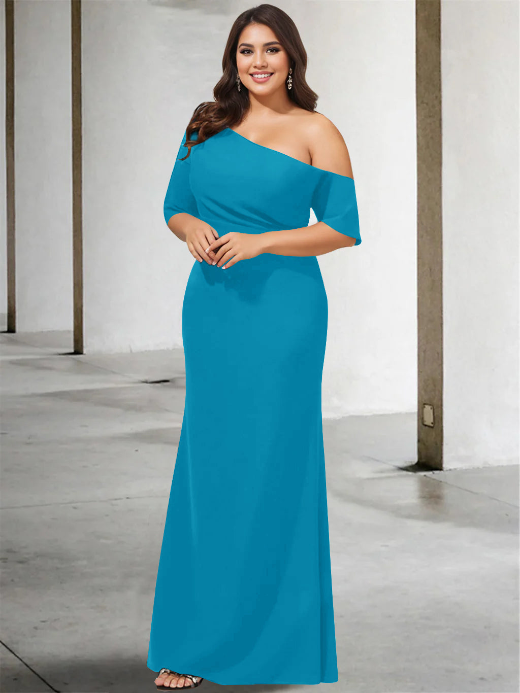 A-Line/Princess One-Shoulder 3/4 Length Sleeves Pure Colour Plus Size Floor-Length Mother of the Bride Dresses