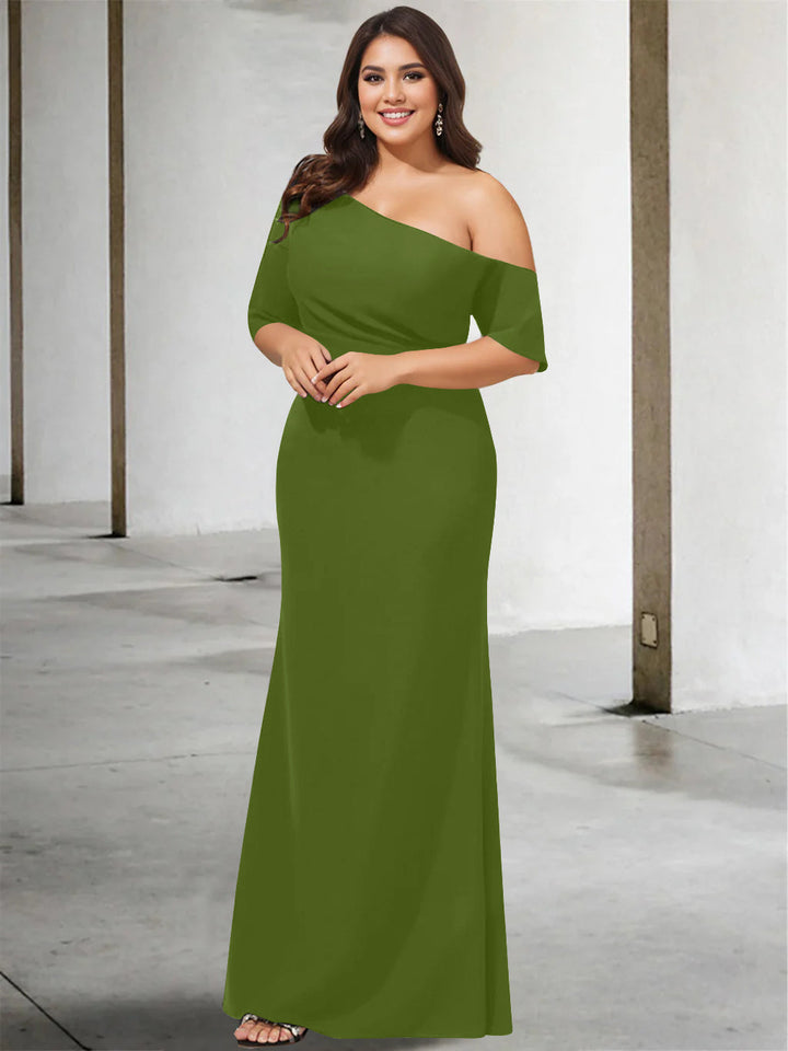 A-Line/Princess One-Shoulder 3/4 Length Sleeves Pure Colour Plus Size Floor-Length Mother of the Bride Dresses