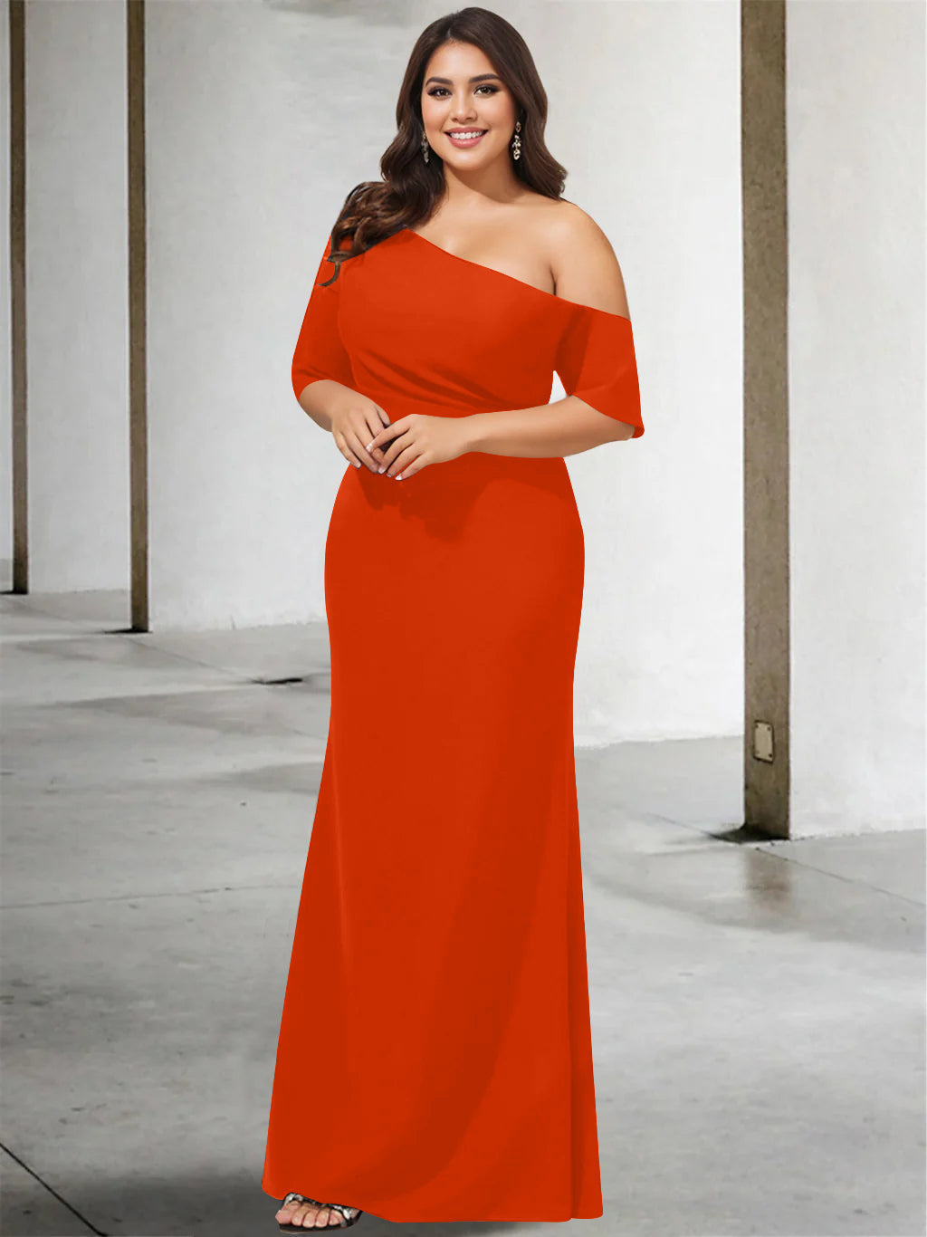 A-Line/Princess One-Shoulder 3/4 Length Sleeves Pure Colour Plus Size Floor-Length Mother of the Bride Dresses