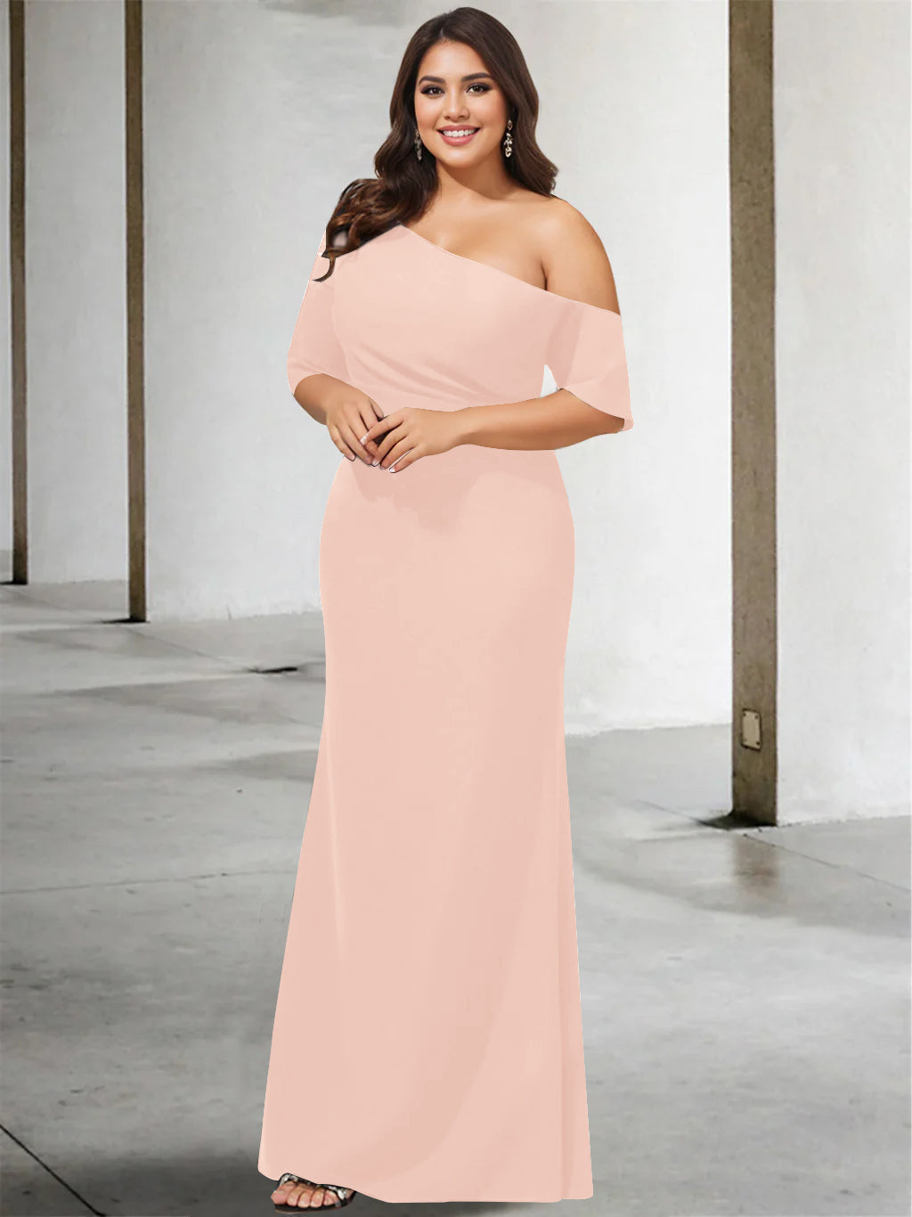 A-Line/Princess One-Shoulder 3/4 Length Sleeves Pure Colour Plus Size Floor-Length Mother of the Bride Dresses