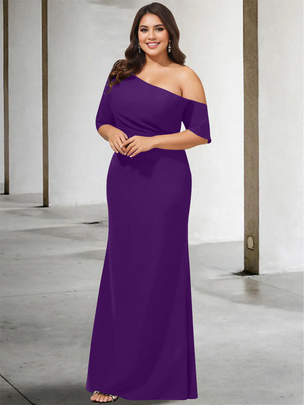 A-Line/Princess One-Shoulder 3/4 Length Sleeves Pure Colour Plus Size Floor-Length Mother of the Bride Dresses