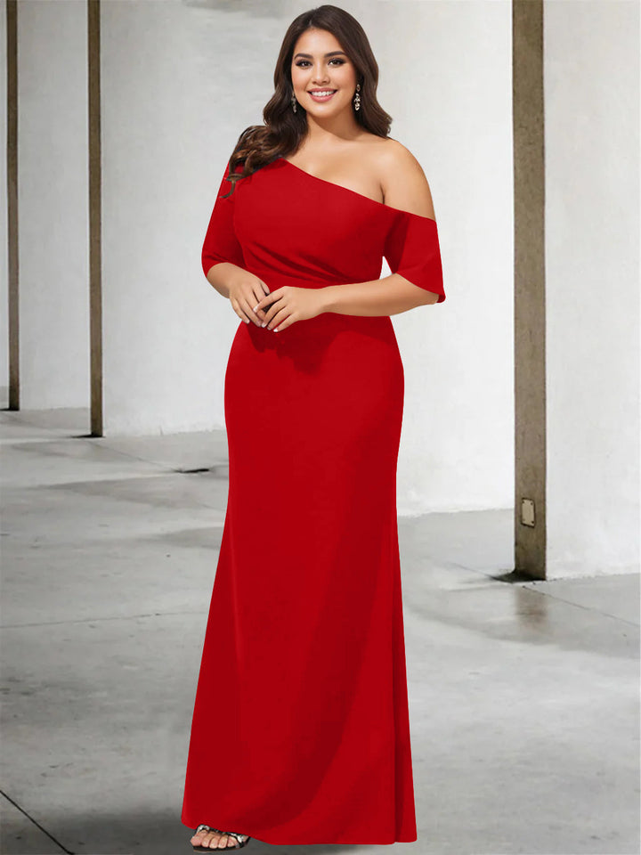 A-Line/Princess One-Shoulder 3/4 Length Sleeves Pure Colour Plus Size Floor-Length Mother of the Bride Dresses