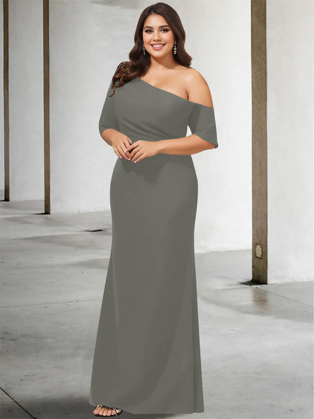 A-Line/Princess One-Shoulder 3/4 Length Sleeves Pure Colour Plus Size Floor-Length Mother of the Bride Dresses