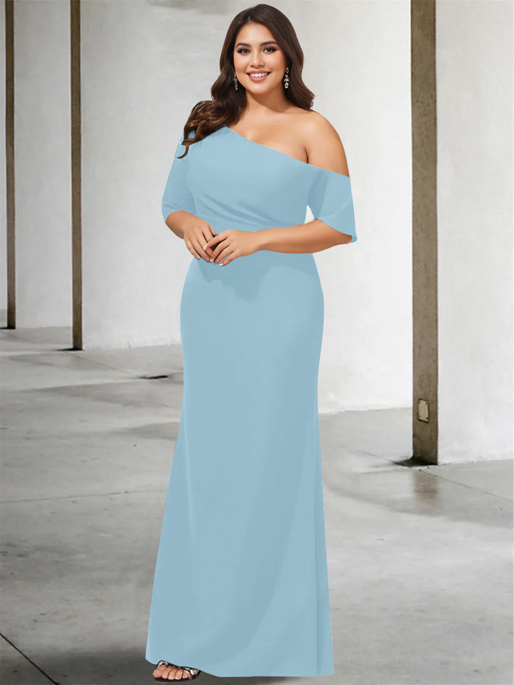 A-Line/Princess One-Shoulder 3/4 Length Sleeves Pure Colour Plus Size Floor-Length Mother of the Bride Dresses