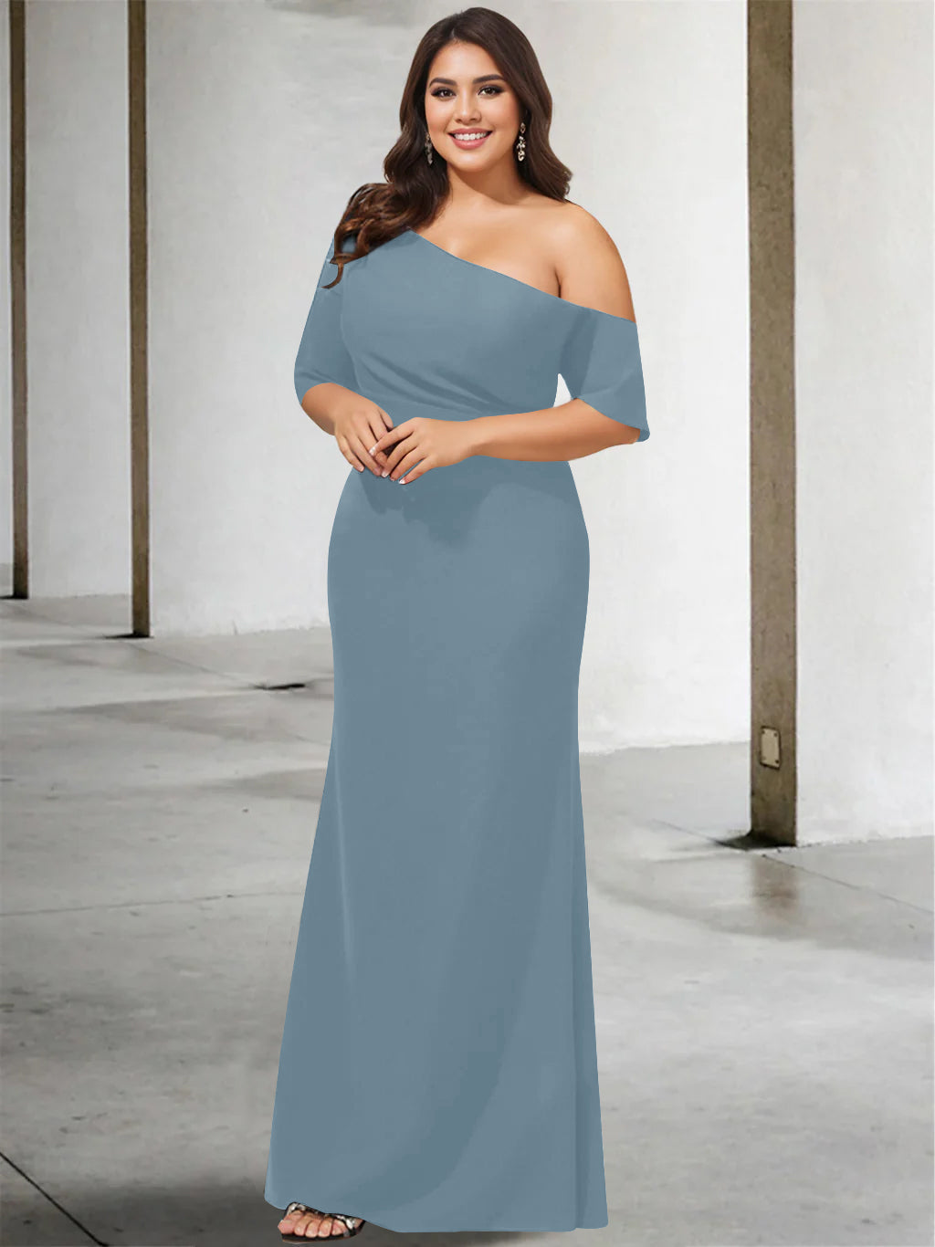 A-Line/Princess One-Shoulder 3/4 Length Sleeves Pure Colour Plus Size Floor-Length Mother of the Bride Dresses