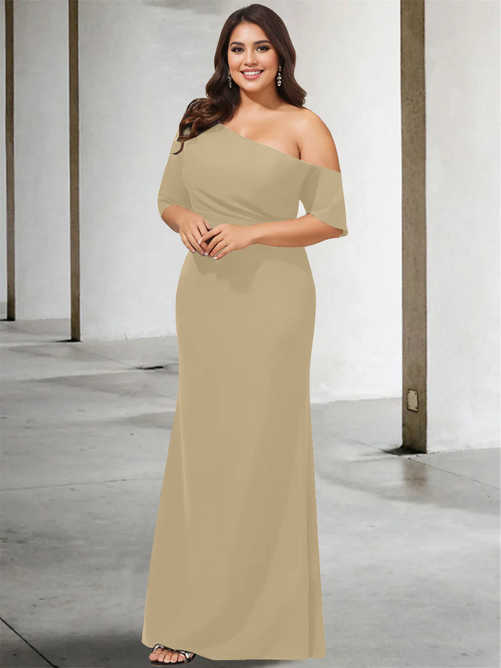 A-Line/Princess One-Shoulder 3/4 Length Sleeves Pure Colour Plus Size Floor-Length Mother of the Bride Dresses