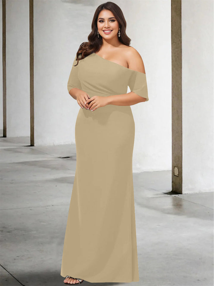 A-Line/Princess One-Shoulder 3/4 Length Sleeves Pure Colour Plus Size Floor-Length Mother of the Bride Dresses
