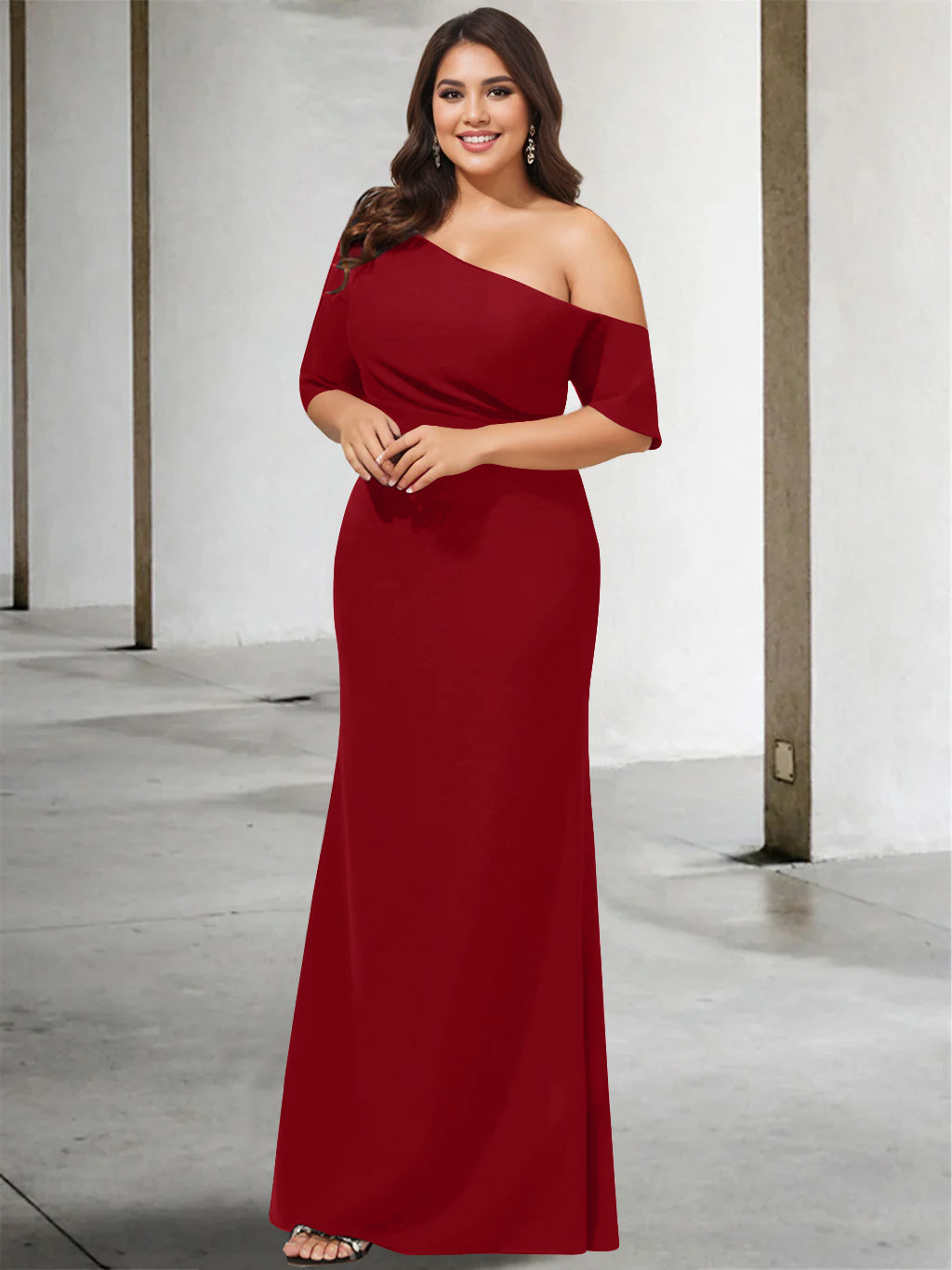 A-Line/Princess One-Shoulder 3/4 Length Sleeves Pure Colour Plus Size Floor-Length Mother of the Bride Dresses