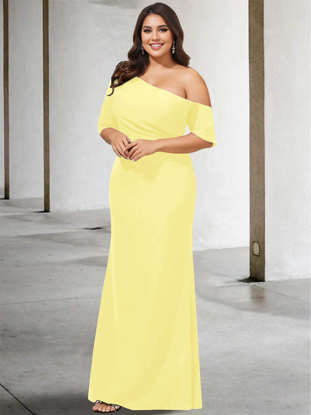 A-Line/Princess One-Shoulder 3/4 Length Sleeves Pure Colour Plus Size Floor-Length Mother of the Bride Dresses
