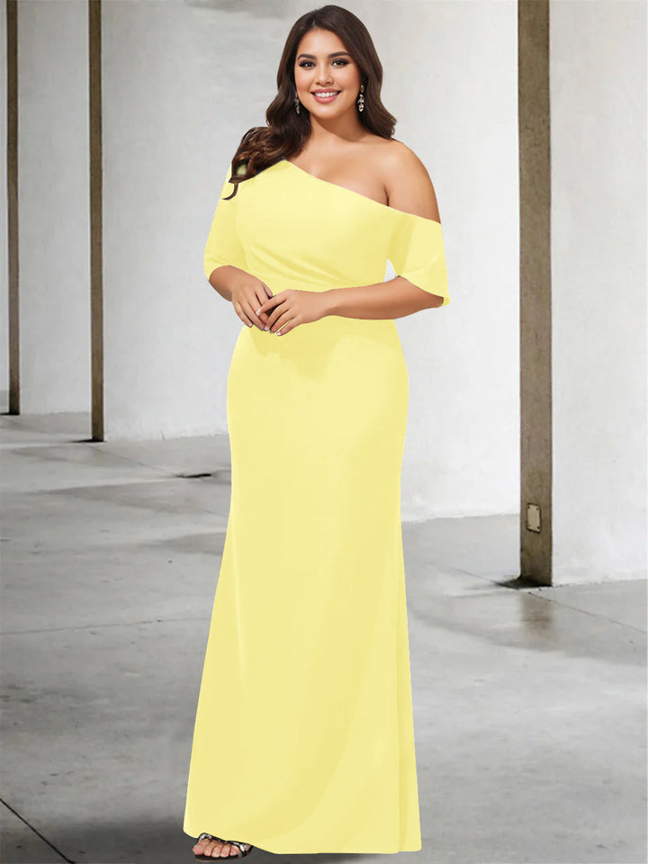 A-Line/Princess One-Shoulder 3/4 Length Sleeves Pure Colour Plus Size Floor-Length Mother of the Bride Dresses