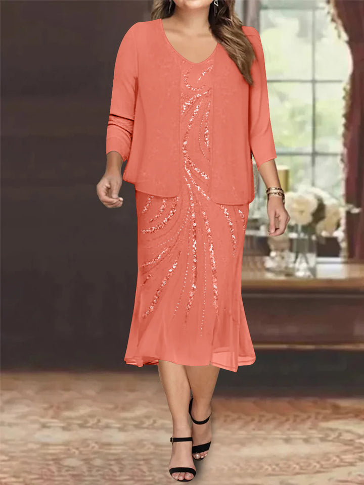Chiffon 2 Pieces V-Neck Knee-Length Plus Size Mother of the Bride Dresses with Jacket & Sequins
