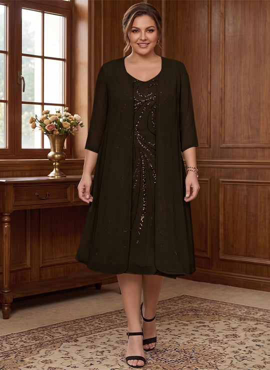 Sheath/Column V-Neck Long Sleeves Tea-Length Plus Size Mother of the Bride Dresses with Jacket &amp; Sequins