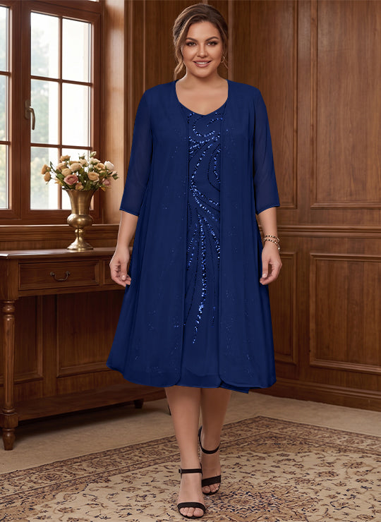 Sheath/Column V-Neck Long Sleeves Tea-Length Plus Size Mother of the Bride Dresses with Jacket &amp; Sequins