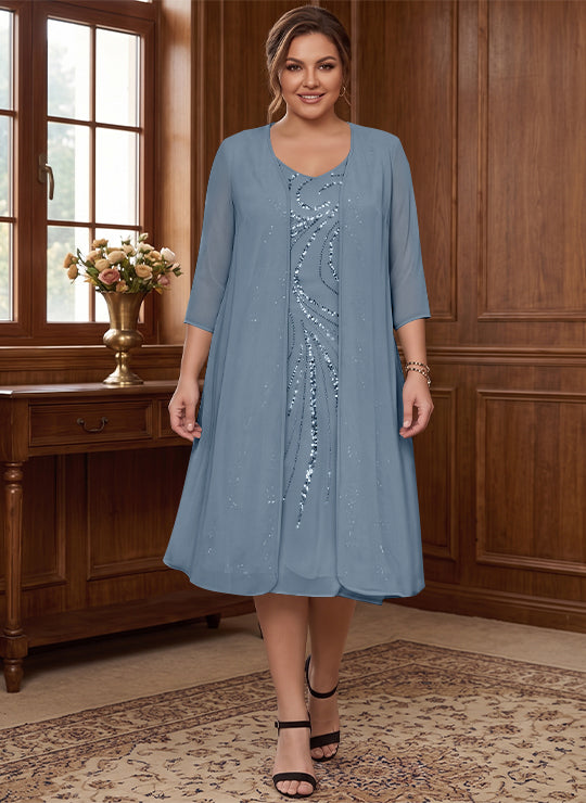 Sheath/Column V-Neck Long Sleeves Tea-Length Plus Size Mother of the Bride Dresses with Jacket &amp; Sequins