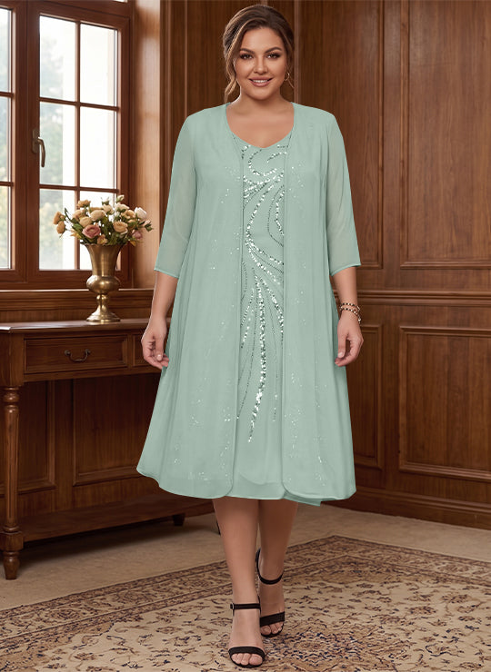Sheath/Column V-Neck Long Sleeves Tea-Length Plus Size Mother of the Bride Dresses with Jacket &amp; Sequins