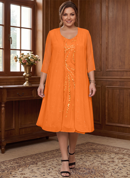 Sheath/Column V-Neck Long Sleeves Tea-Length Plus Size Mother of the Bride Dresses with Jacket &amp; Sequins
