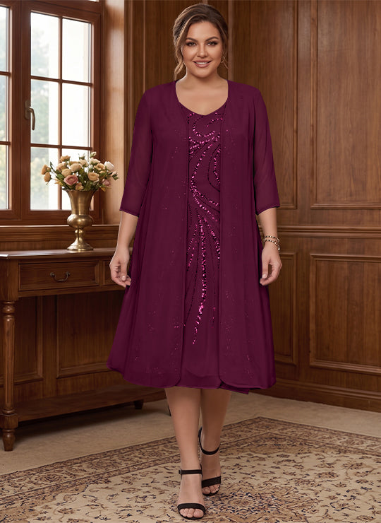 Sheath/Column V-Neck Long Sleeves Tea-Length Plus Size Mother of the Bride Dresses with Jacket &amp; Sequins