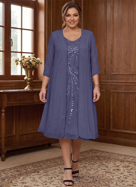 Sheath/Column V-Neck Long Sleeves Tea-Length Plus Size Mother of the Bride Dresses with Jacket &amp; Sequins