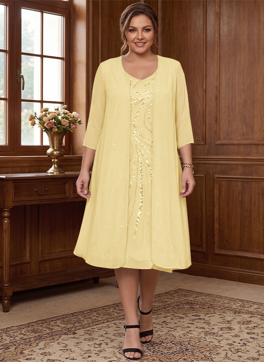 Sheath/Column V-Neck Long Sleeves Tea-Length Plus Size Mother of the Bride Dresses with Jacket &amp; Sequins