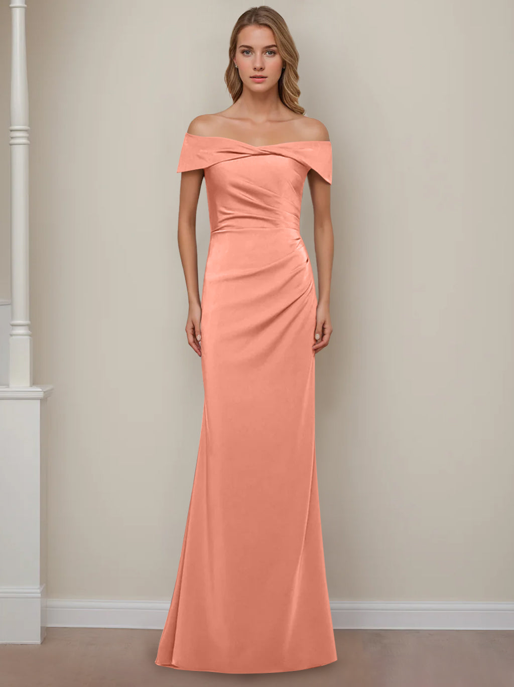 Sheath/Column Off-the-Shoulder Short Sleeves Floor-Length Mother of The Bride Dresses With Ruffles