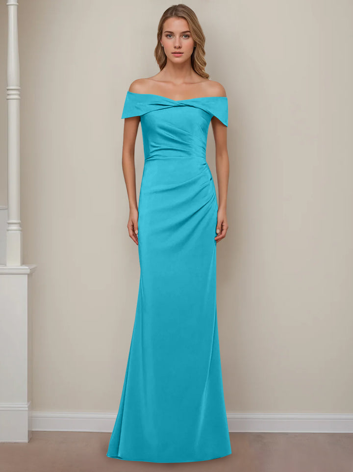 Sheath/Column Off-the-Shoulder Short Sleeves Floor-Length Mother of The Bride Dresses With Ruffles