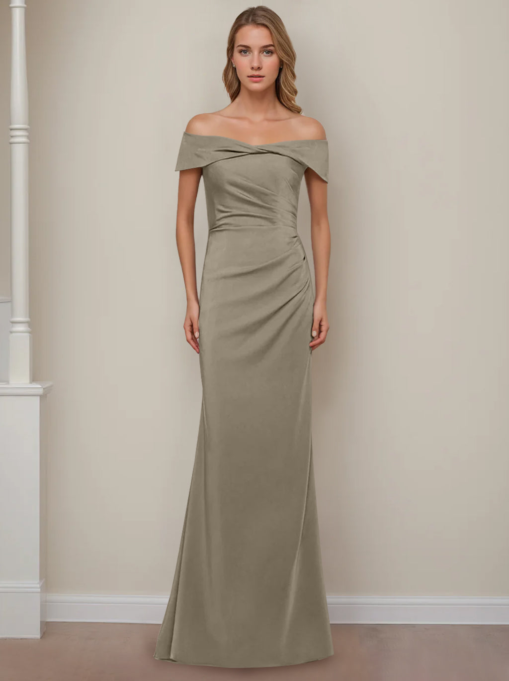 Sheath/Column Off-the-Shoulder Short Sleeves Floor-Length Mother of The Bride Dresses With Ruffles