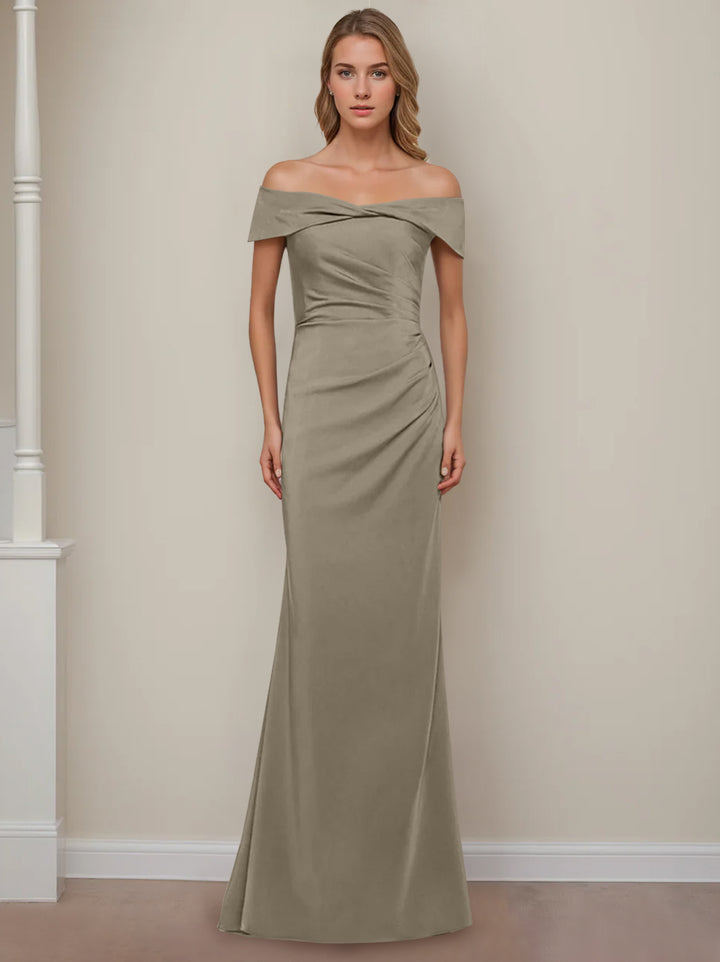 Sheath/Column Off-the-Shoulder Short Sleeves Floor-Length Mother of The Bride Dresses With Ruffles