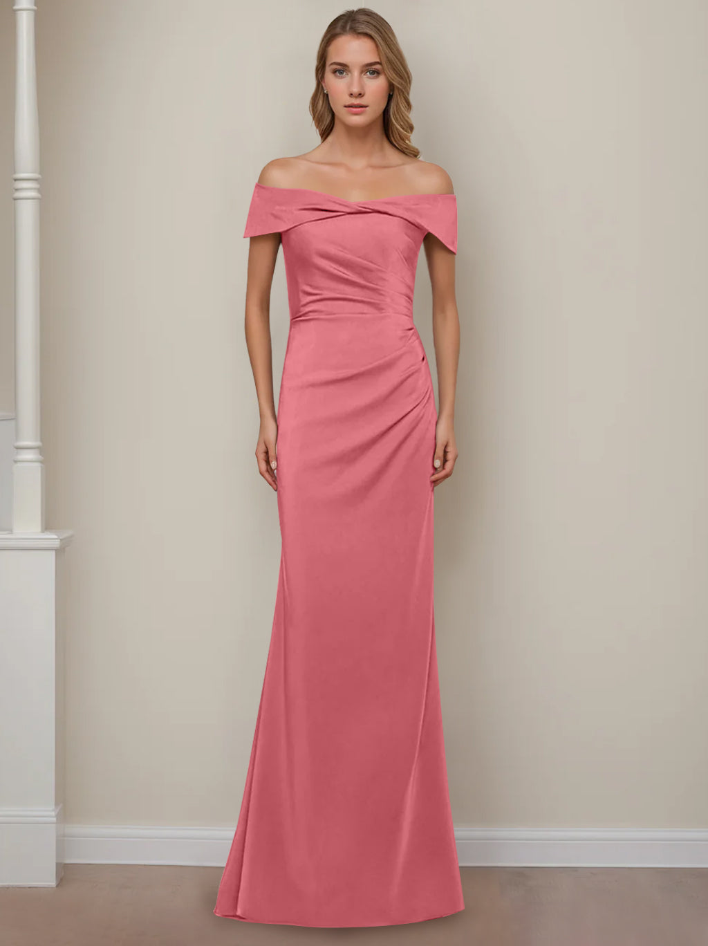 Sheath/Column Off-the-Shoulder Short Sleeves Floor-Length Mother of The Bride Dresses With Ruffles