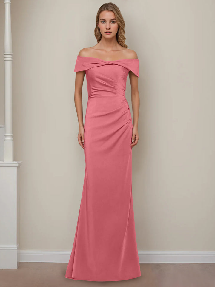 Sheath/Column Off-the-Shoulder Short Sleeves Floor-Length Mother of The Bride Dresses With Ruffles