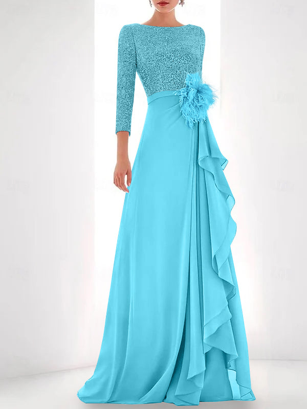 A-Line/Princess Jewel Neck Long Sleeves Asymmetrical Mother of the Bride Dresses With Sequin & Feather & Pearls
